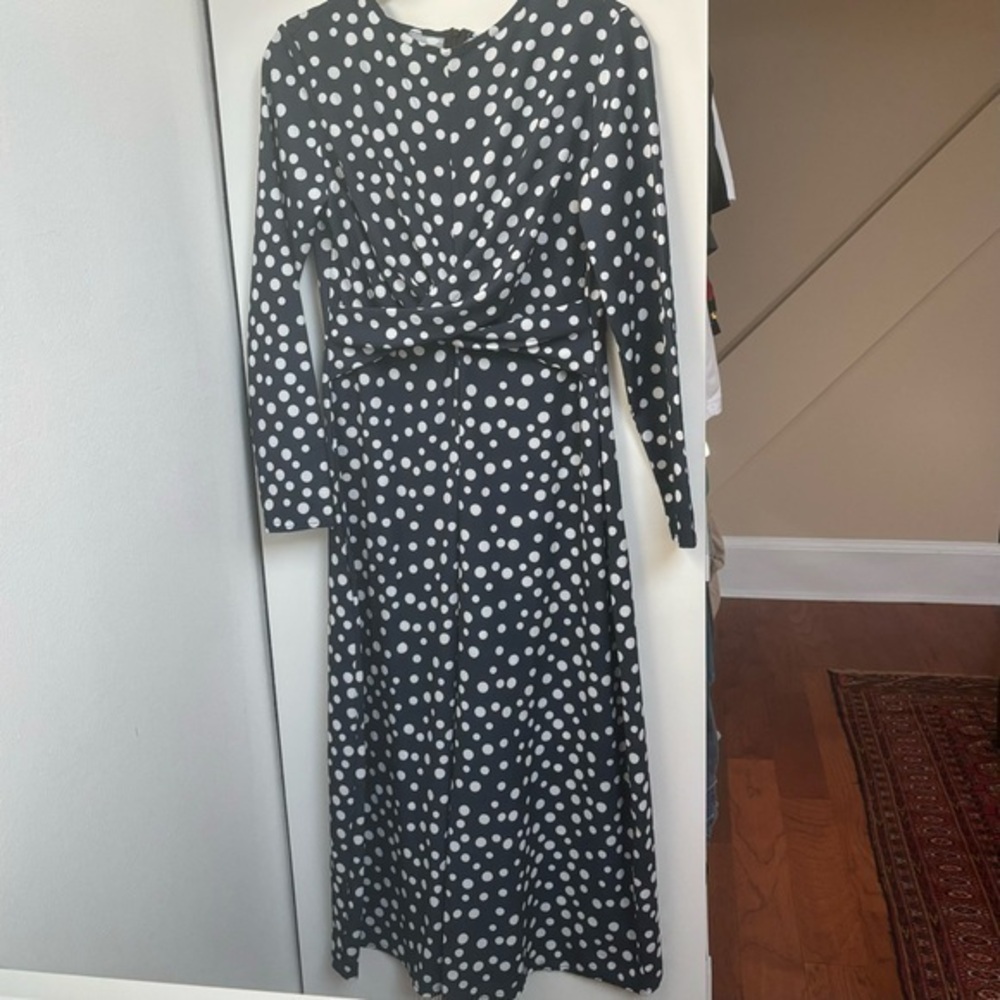 BOOHOO navy polka dot front tie long sleeve jumpsuit